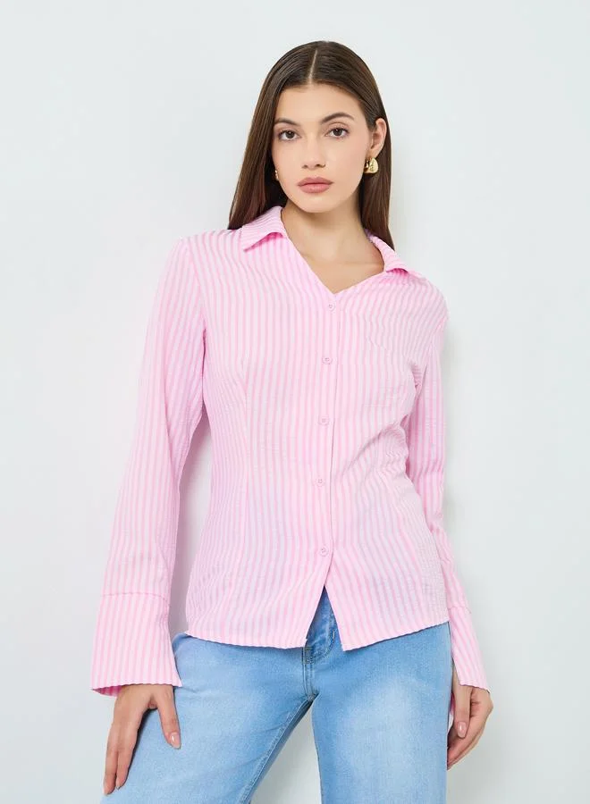 Styli Women Pink Striped Long Sleeve Blouse
